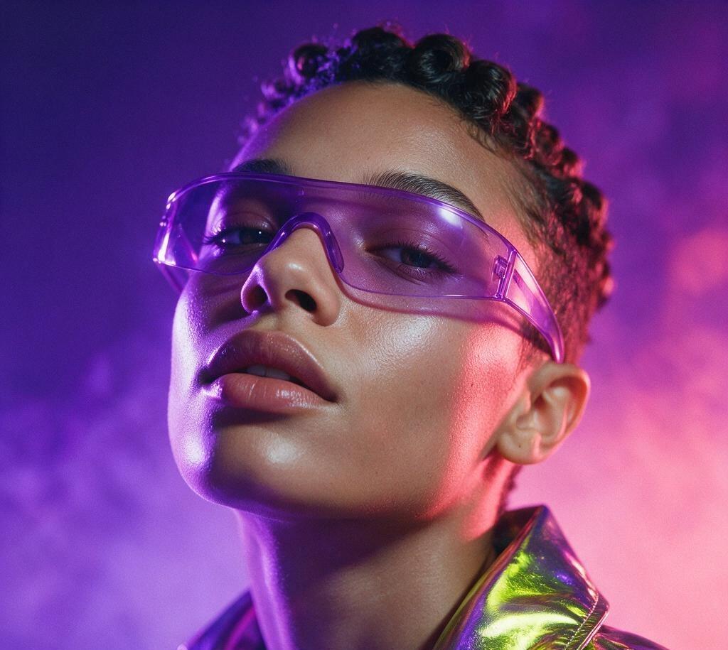 Concept artwork: a portrait in a violet holographic jacket and tinted glasses